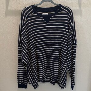 American Eagle Outfitters Navy and White Striped Waffle Crewneck Sweater